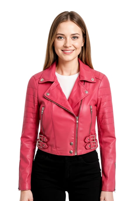 Damen-Bikerjacke aus Fuchsia-Pink mit verkürzter Brando-Optik, Bellville - Image 1