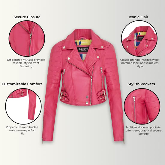 Damen-Bikerjacke aus Fuchsia-Pink mit verkürzter Brando-Optik, Bellville - Image 3