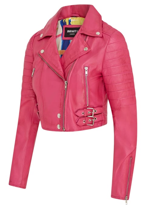 Damen-Bikerjacke aus Fuchsia-Pink mit verkürzter Brando-Optik, Bellville - Image 4