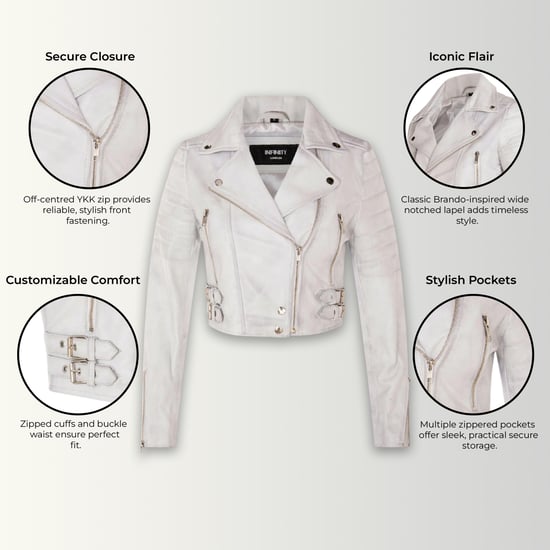 Weiße, kurze Brando-Bikerjacke aus Leder für Damen – Bellville - Image 3