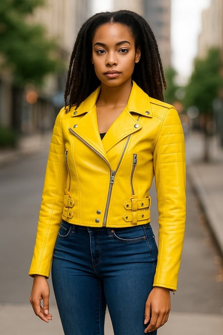 Gelbe kurze Brando-Bikerjacke aus Leder für Damen – Durban - Image 1