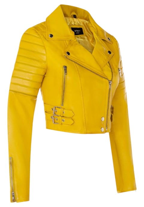Gelbe kurze Brando-Bikerjacke aus Leder für Damen – Durban - Image 4