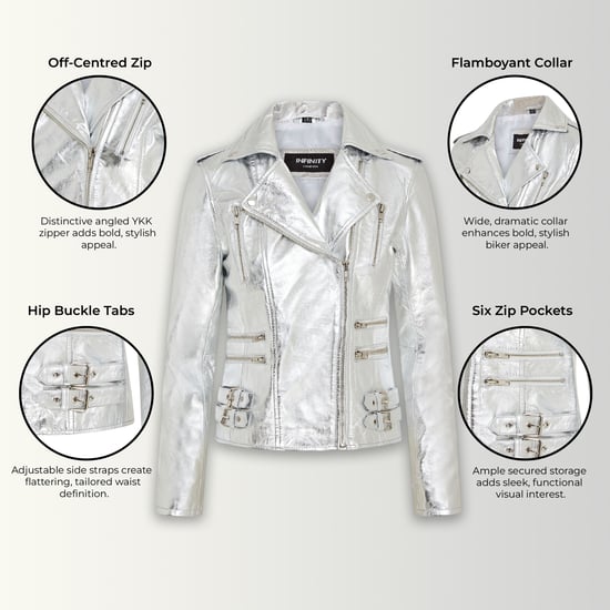 Damen Leder Silber Brando Bikerjacke-Constantia - Image 3