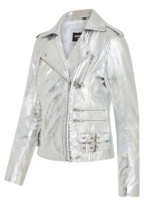 Damen Leder Silber Brando Bikerjacke-Constantia - Image 4