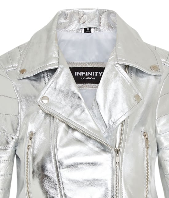 Silberne kurze Brando-Bikerjacke aus Leder für Damen – Damaskus - Image 5