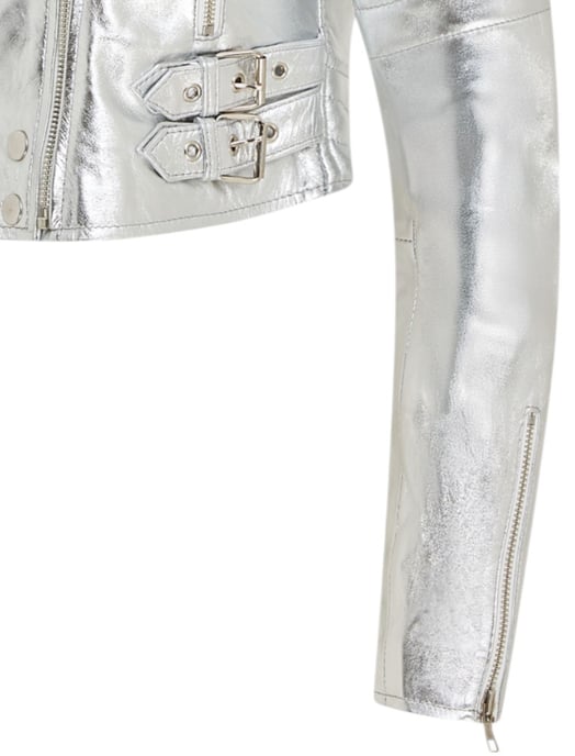 Silberne kurze Brando-Bikerjacke aus Leder für Damen – Damaskus - Image 6