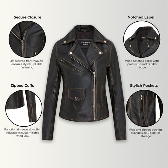 Schwarze klassische Brando-Biker-Lederjacke für Damen im Vintage-Stil – Broome - Image 2