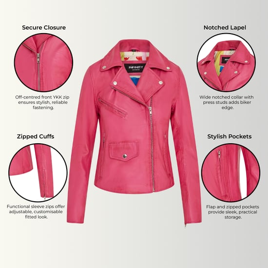 Klassische Brando Biker-Lederjacke für Damen in Fuchsie-Pink - Soweto - Image 3