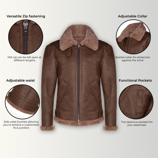 Herren Braun B3 WW2 Schaffell Leder Fliegerjacke-Paarl - Image 3