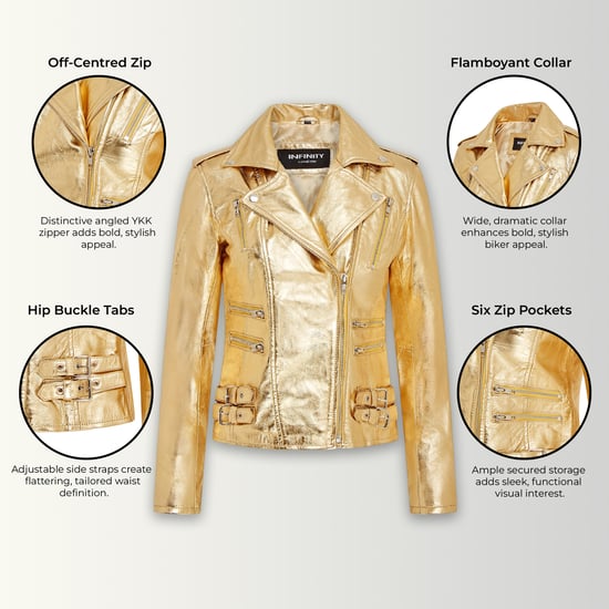 Damen Leder Gold Brando Bikerjacke-Constantia - Image 3