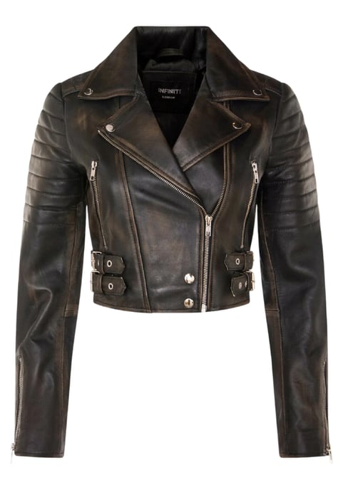 Damen Vintage Schwarze Cropped Brando Leder Bikerjacke-Bellville - Image 2