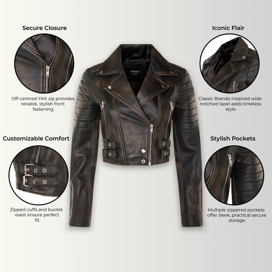 Damen Vintage Schwarze Cropped Brando Leder Bikerjacke-Bellville - Image 3