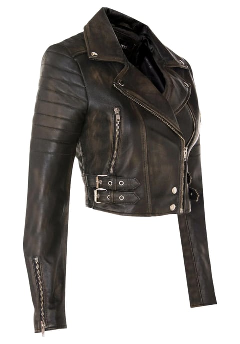 Damen Vintage Schwarze Cropped Brando Leder Bikerjacke-Bellville - Image 4