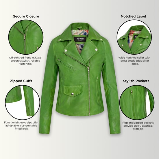 Apfelgrüne klassische Brando Biker-Lederjacke für Damen – Broome - Image 2