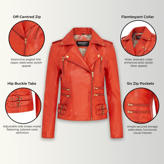 Damen Leder Orange Brando Bikerjacke-Constantia - Image 3