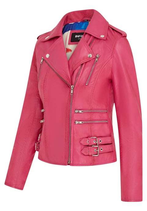 Damen Leder Fuchsia Pink Brando Bikerjacke-Constantia - Image 4