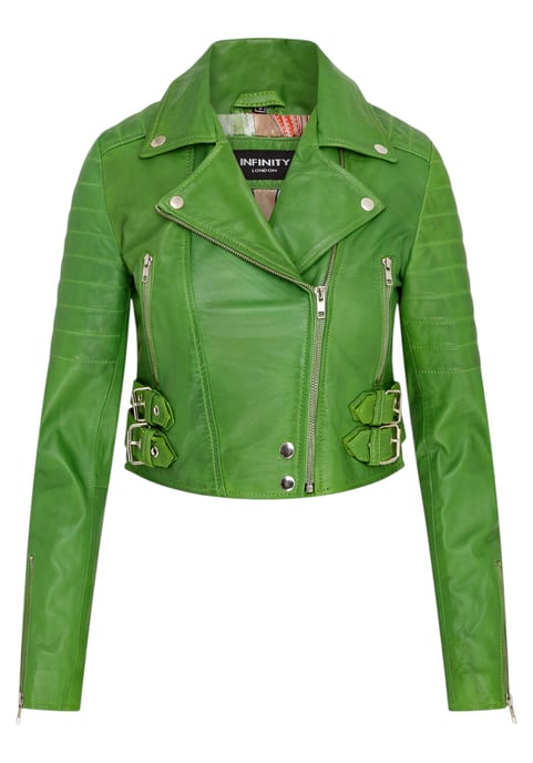 Apfelgrüne, kurze Brando-Bikerjacke aus Leder für Damen – Bellville - Image 2