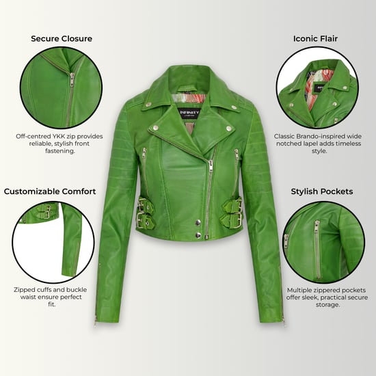 Apfelgrüne, kurze Brando-Bikerjacke aus Leder für Damen – Bellville - Image 3