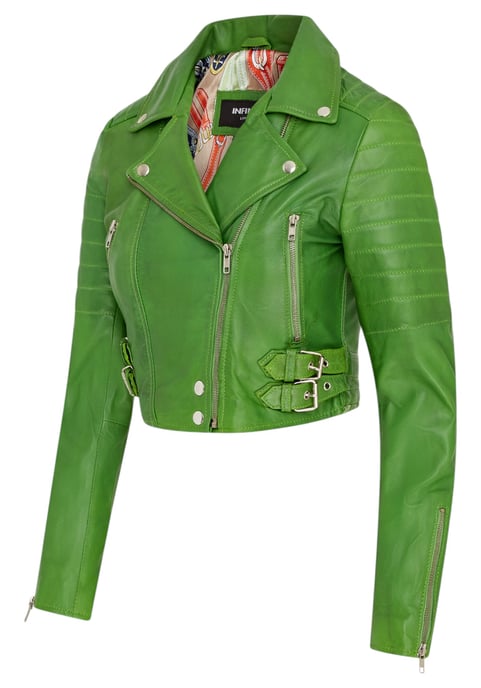 Apfelgrüne, kurze Brando-Bikerjacke aus Leder für Damen – Bellville - Image 4