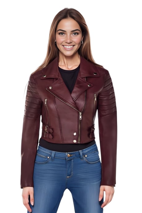 Burgunderrote, kurze Brando-Bikerjacke aus Leder für Damen – Bellville - Image 1