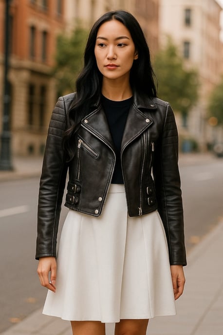 Schwarze kurze Brando-Bikerjacke aus Leder für Damen – Durban - Image 1