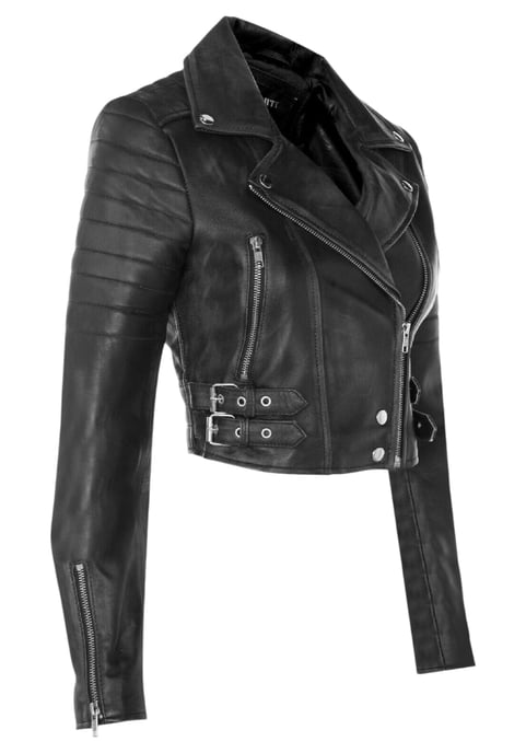 Schwarze kurze Brando-Bikerjacke aus Leder für Damen – Durban - Image 3