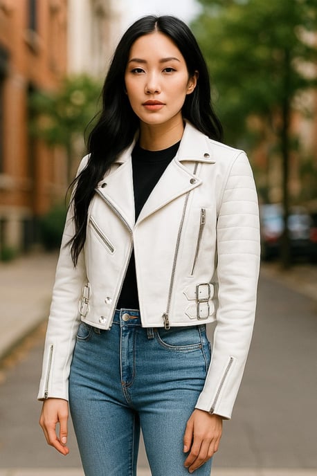 Weiße kurze Brando-Bikerjacke aus Leder für Damen – Durban - Image 1
