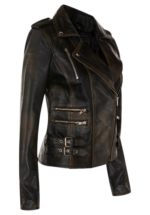 Damen Leder Vintage Schwarz Brando Bikerjacke-Constantia - Image 4