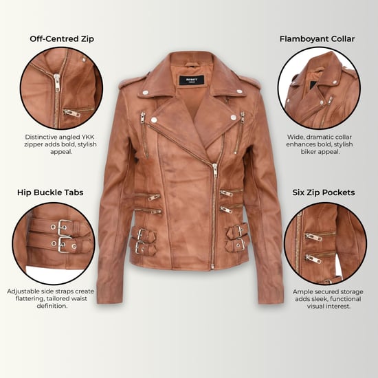 Damen Leder Hellbraun Brando Bikerjacke-Constantia - Image 3