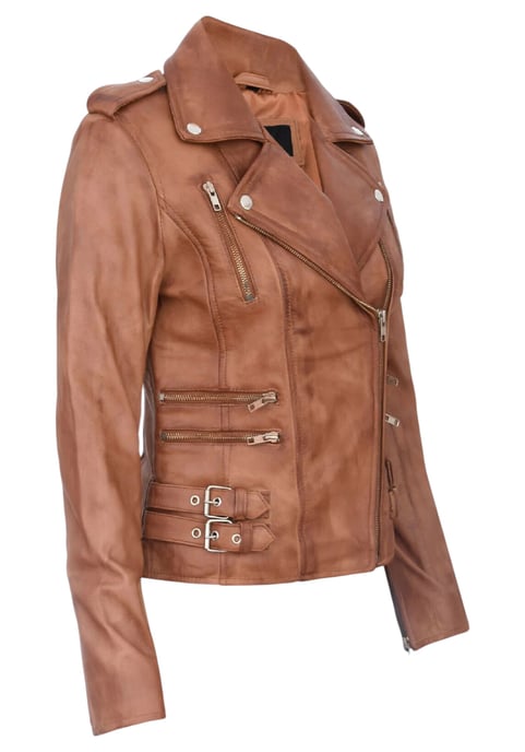 Damen Leder Hellbraun Brando Bikerjacke-Constantia - Image 4