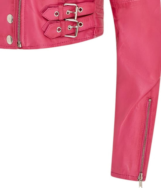 Damen Fuchsia Pink Kurze Brando Leder Bikerjacke-Damaskus - Image 6