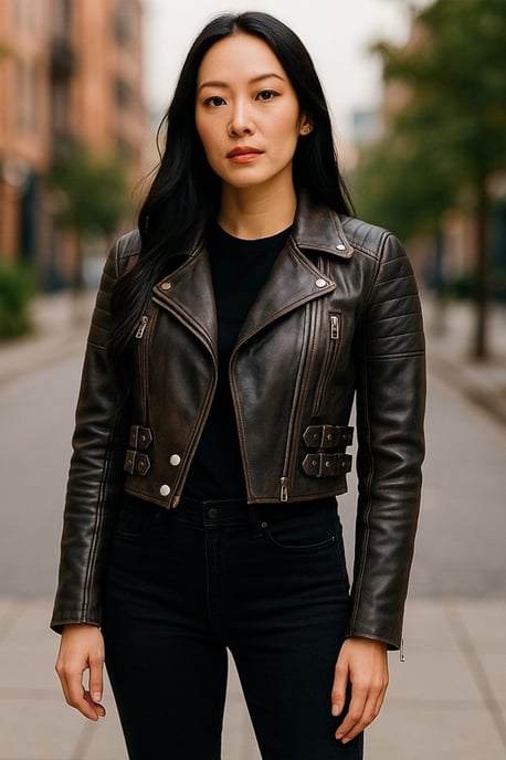 Damen Vintage Schwarze Cropped Brando Leder Bikerjacke-Durban - Image 1