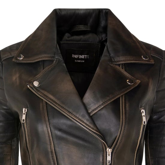 Damen Vintage Schwarze Cropped Brando Leder Bikerjacke-Durban - Image 6