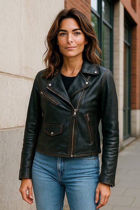 Schwarze klassische Brando-Biker-Lederjacke für Damen im Vintage-Stil – Soweto - Image 1