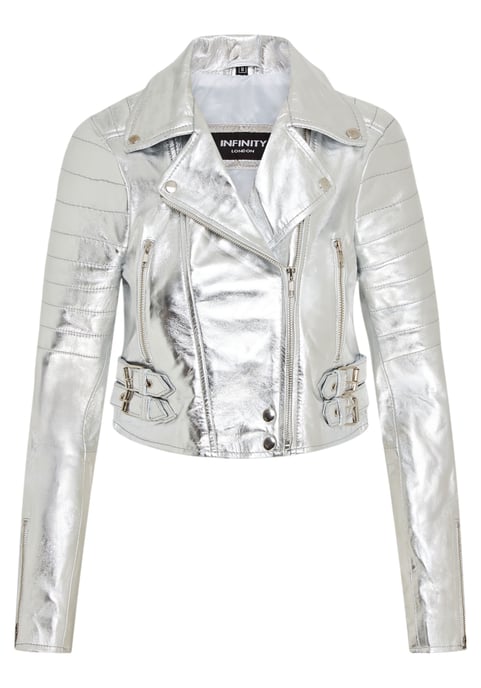 Silberne kurze Brando-Bikerjacke aus Leder für Damen – Durban - Image 2