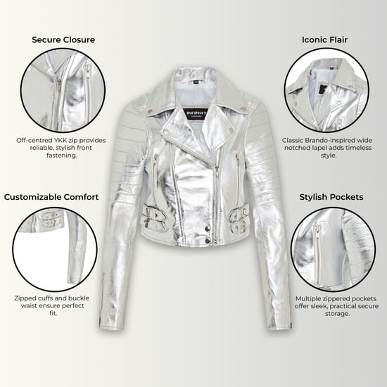 Silberne kurze Brando-Bikerjacke aus Leder für Damen – Durban - Image 3