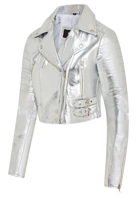 Silberne kurze Brando-Bikerjacke aus Leder für Damen – Durban - Image 4