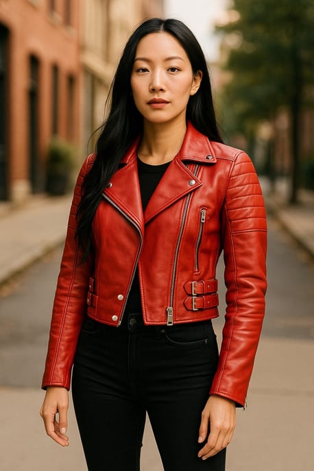 Rote kurze Brando-Bikerjacke aus Leder für Damen – Durban - Image 1