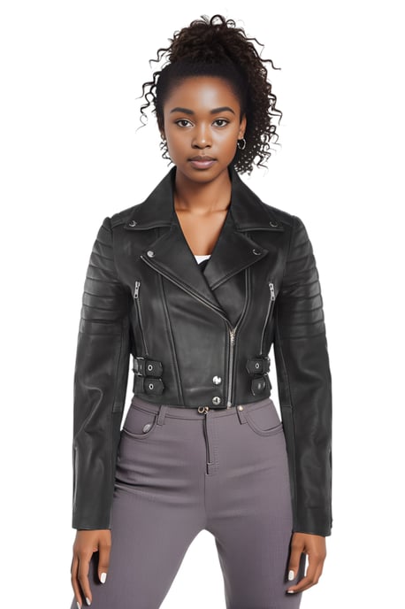 Schwarze kurze Brando-Bikerjacke aus Leder für Damen – Bellville - Image 1