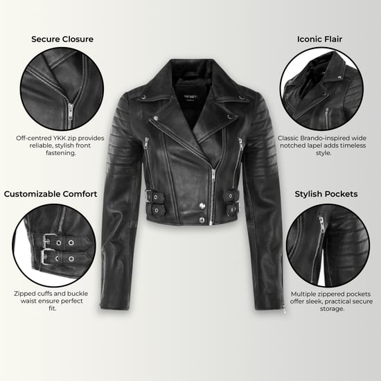 Schwarze kurze Brando-Bikerjacke aus Leder für Damen – Bellville - Image 3
