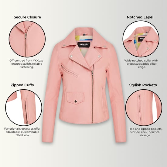 Klassische Brando Biker-Lederjacke für Damen in Babyrosa – Soweto - Image 3