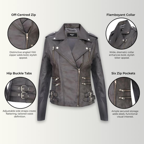Damen Leder Grau Brando Bikerjacke-Constantia - Image 3