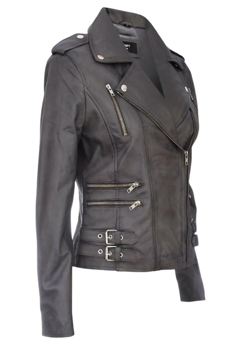 Damen Leder Grau Brando Bikerjacke-Constantia - Image 4