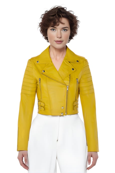 Gelbe kurze Brando-Bikerjacke aus Leder für Damen – Bellville - Image 1