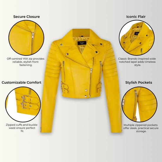 Gelbe kurze Brando-Bikerjacke aus Leder für Damen – Bellville - Image 3