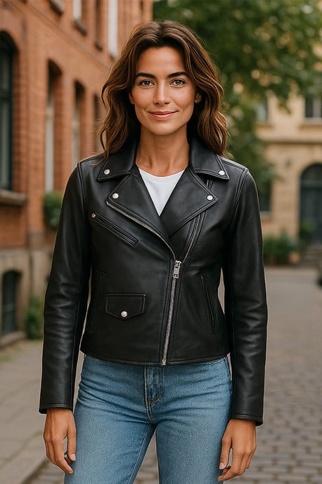 Schwarze klassische Brando-Biker-Lederjacke für Damen – Secunda - Image 1