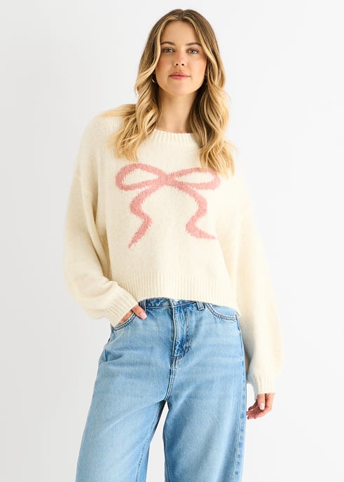 Cremefarbener Kurzstrickpullover mit geprägter Kontrastschleife - Image 2