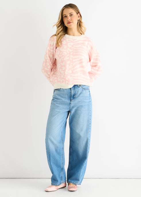 Rosa Kontrast Zebra Tier Strickpullover - Image 1