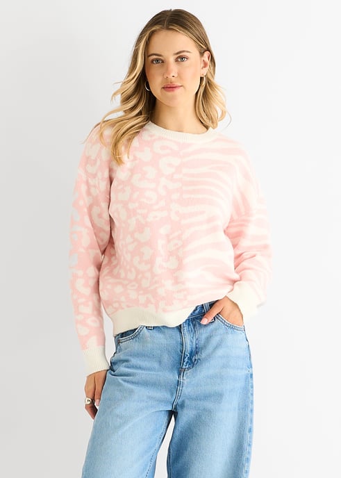 Rosa Kontrast Zebra Tier Strickpullover - Image 2