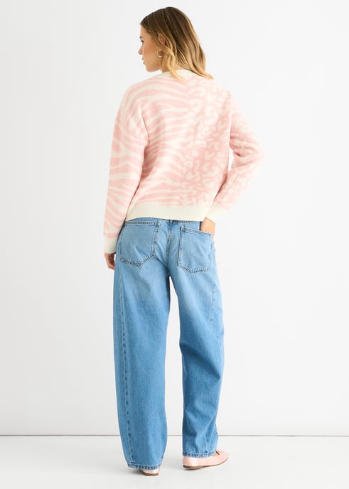 Rosa Kontrast Zebra Tier Strickpullover - Image 4